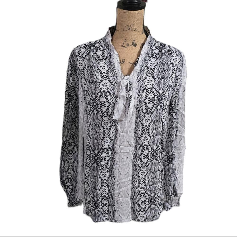 Lisette L Montreal Womens Snakeskin Print Tie Neck Blouse Black White 610110 M